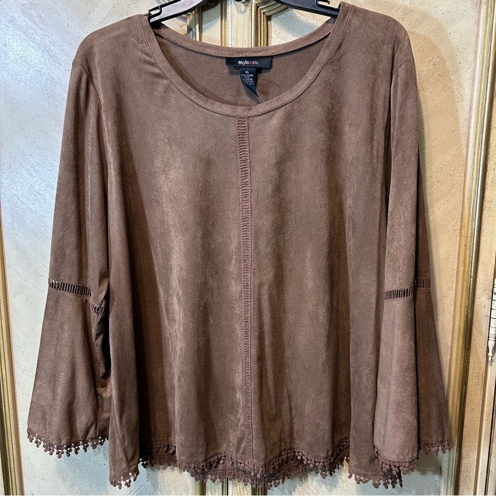 Style & Co Brown Faux Suede Embellished Crochet Trim Bell Sleeve Boho Blouse